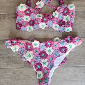 Beach Riot Crocheted Floral Bikini in Pink, Purple, White, Green